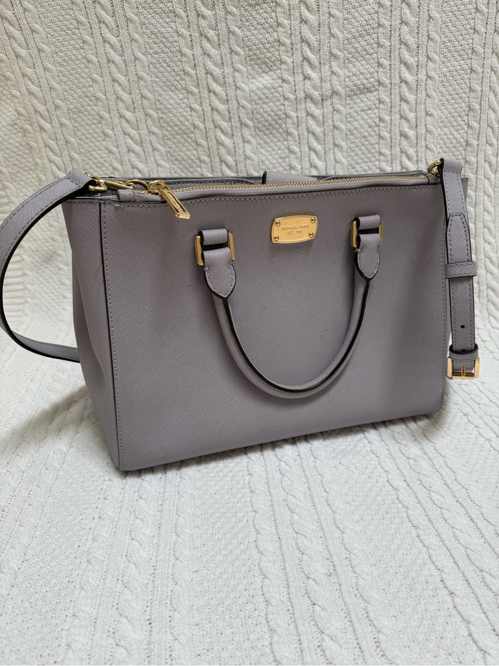 Michael Kors Taupe/Lavender Saffiano Leather Satchel with Gold Hardware